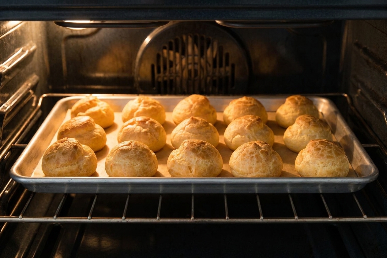 A sheet pan of choux pastry puffs baking on an oven rack with the oven light on