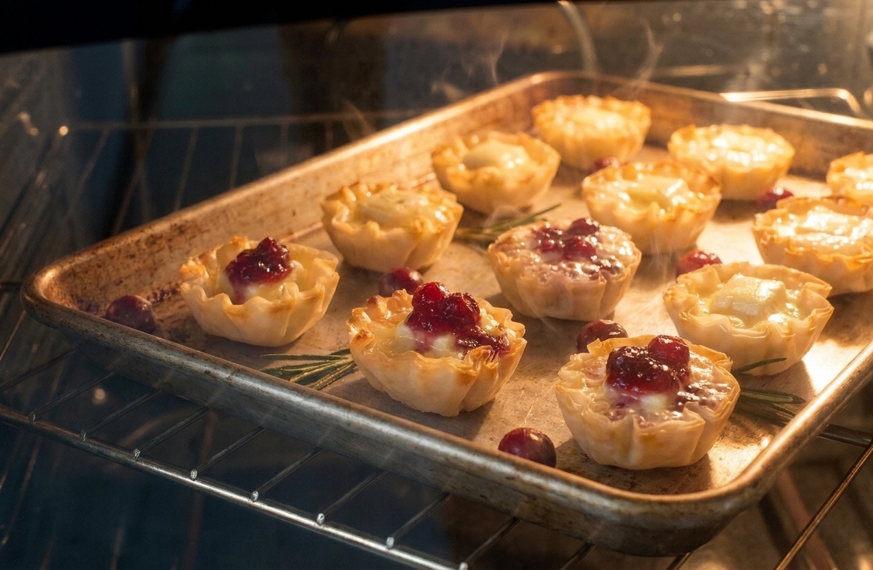 A sheet pan of cranberry brie mini phyllo cups in the oven, with the brie melted and cranberry sauce bubbling