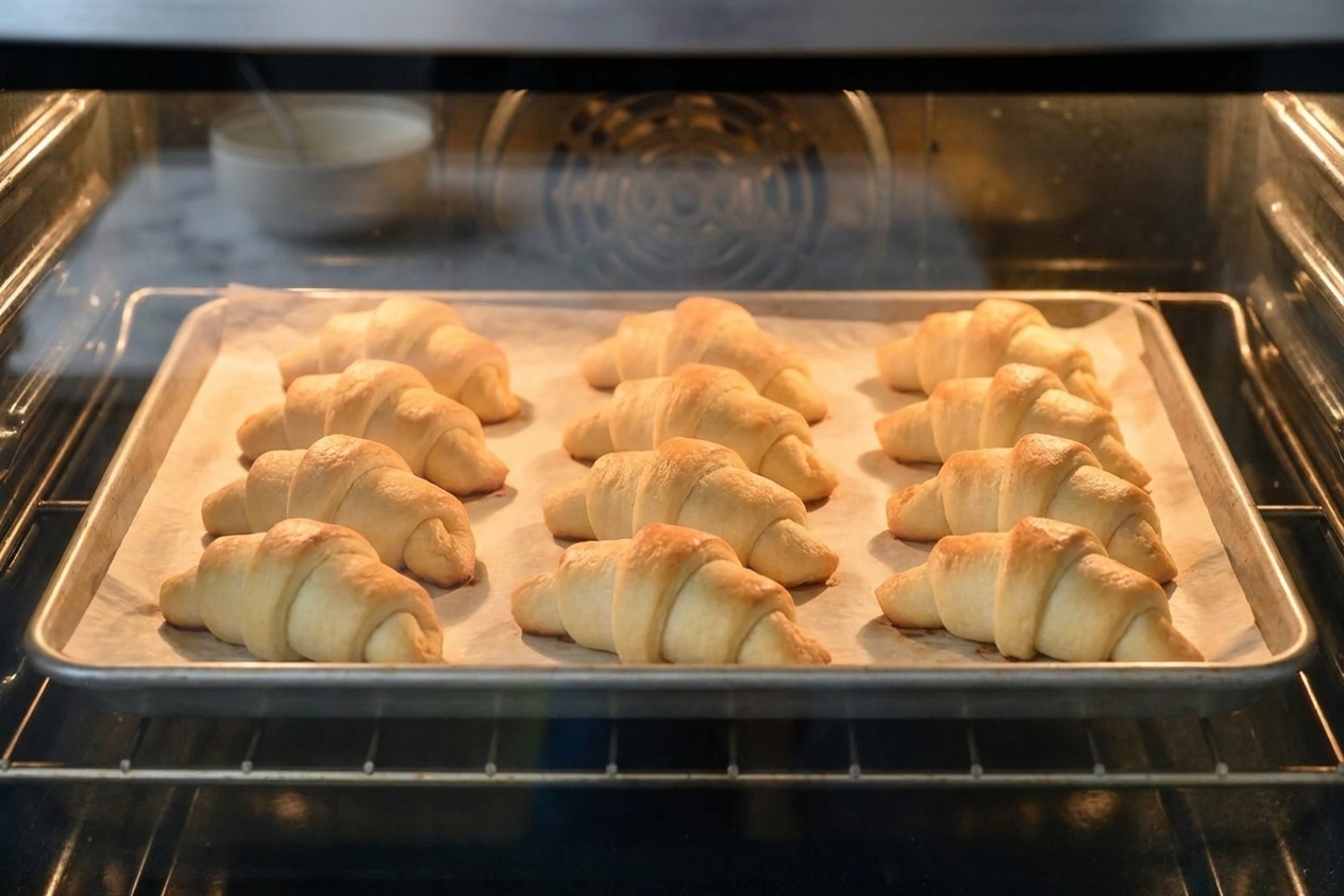 A sheet pan of crescent rolls baking in an oven with the rolls turning golden