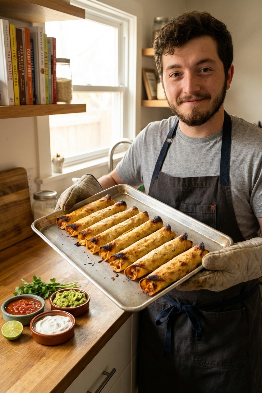 A sheet pan of crispy baked chicken taquitos with golden brown edges, served with small bowls of salsa, guacamole, and sour cream on the side, natural kitchen light