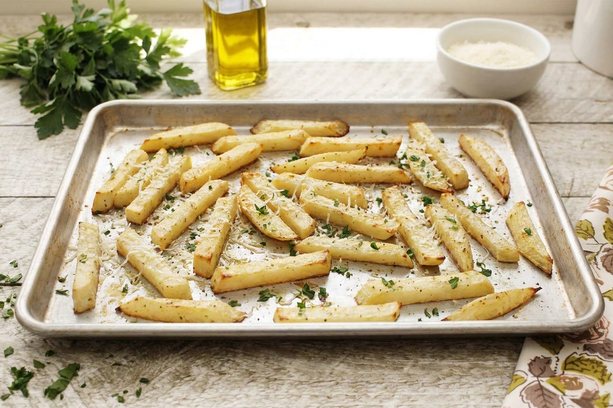Crispy Roasted Kohlrabi Fries with Garlic Parmesan