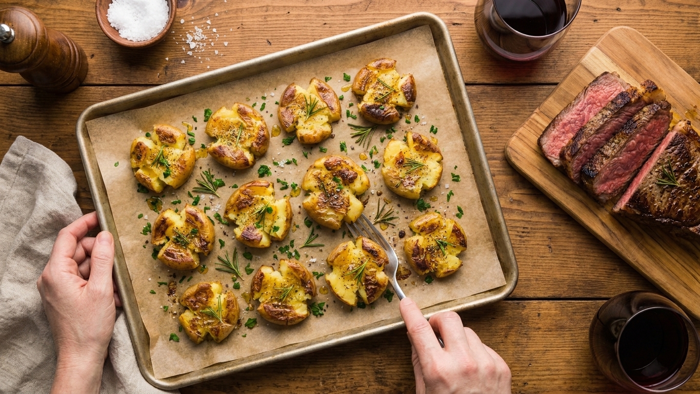 A sheet pan of crispy smashed baby potatoes with browned edges, sprinkled with chopped parsley and flaky salt, set on a warm kitchen table next to a sliced steak