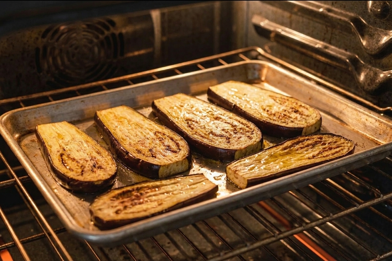 A sheet pan of eggplant slices roasting in the oven with edges starting to brown