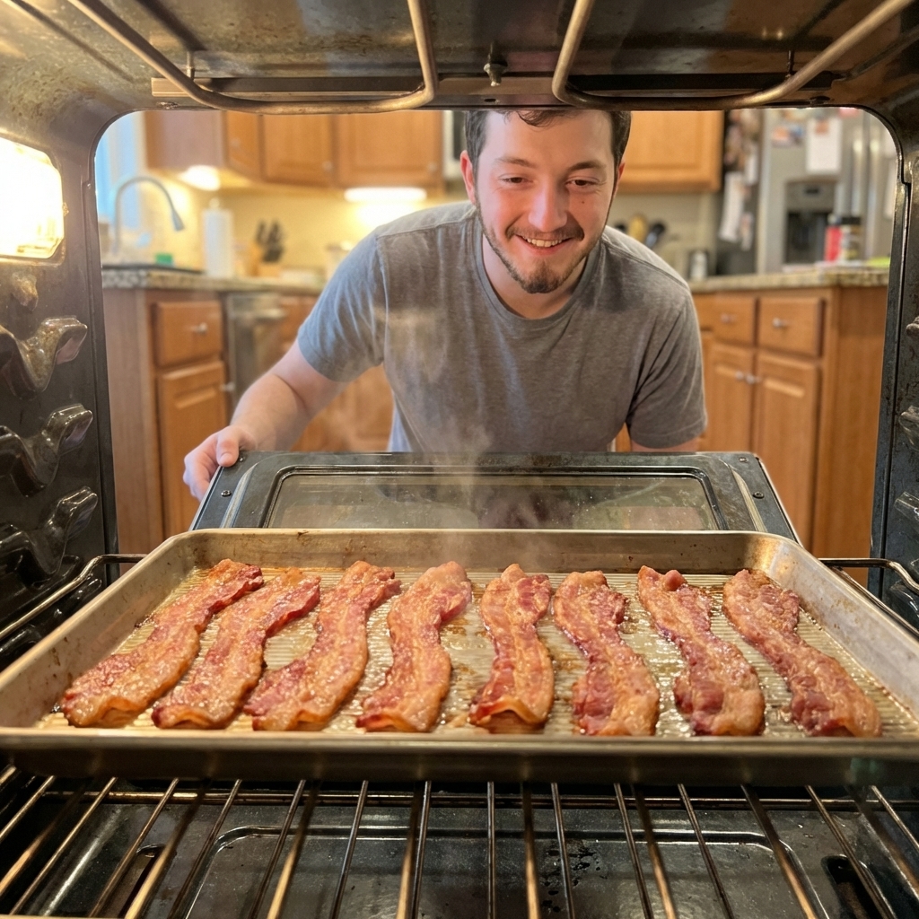 A sheet pan of evenly spaced bacon strips baking in an oven, viewed from the open oven door with warm kitchen lighting, photorealistic food photography