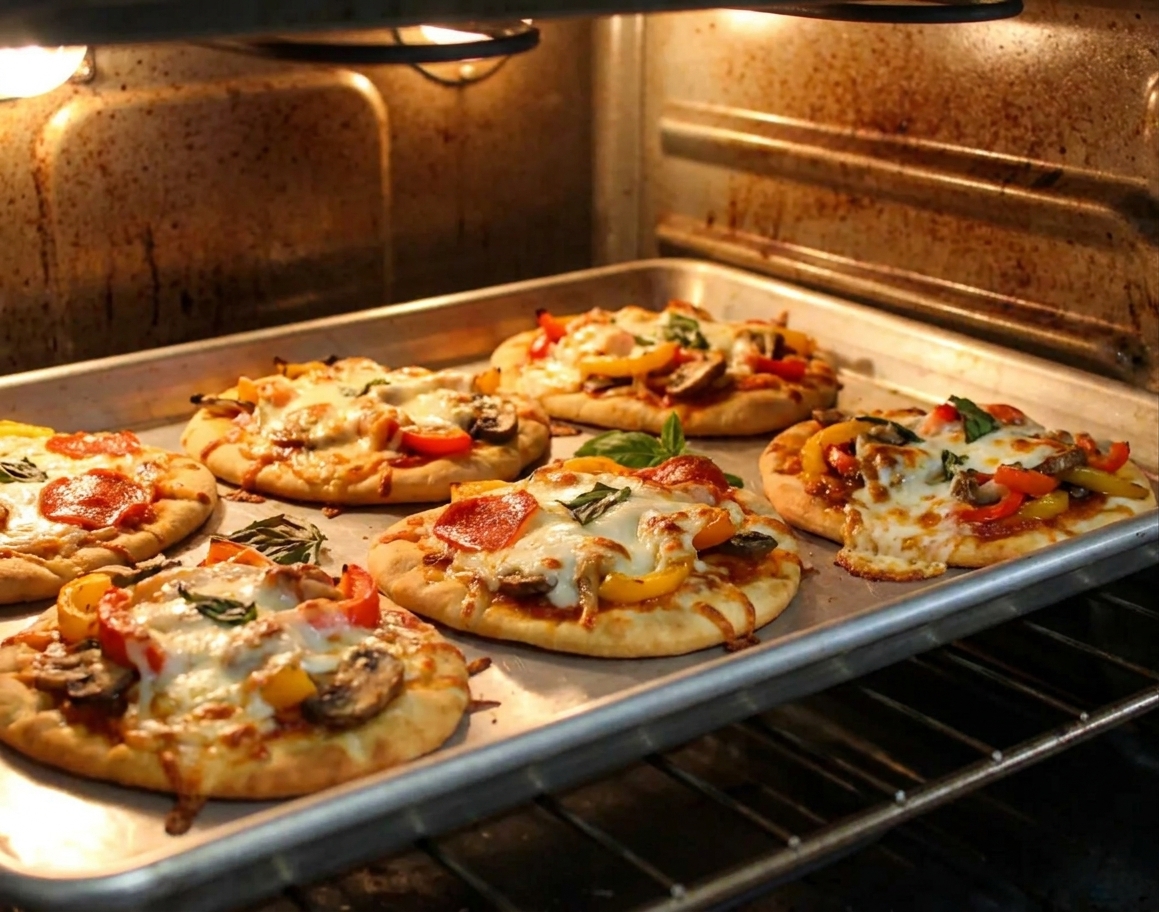 A sheet pan of flatbread pizzas baking in an oven with melted cheese bubbling and edges starting to brown