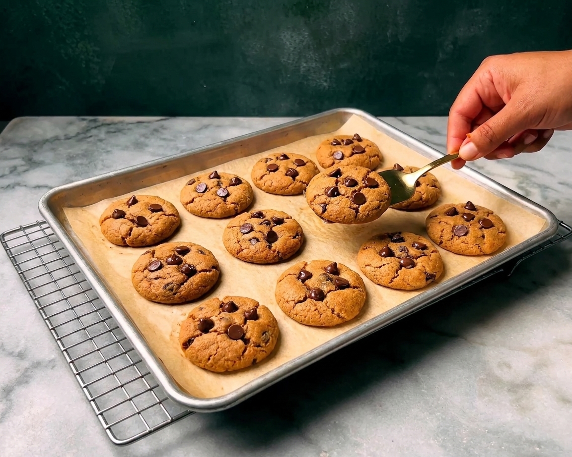 A sheet pan of freshly baked protein cookies cooling on parchment paper with a wire rack nearby