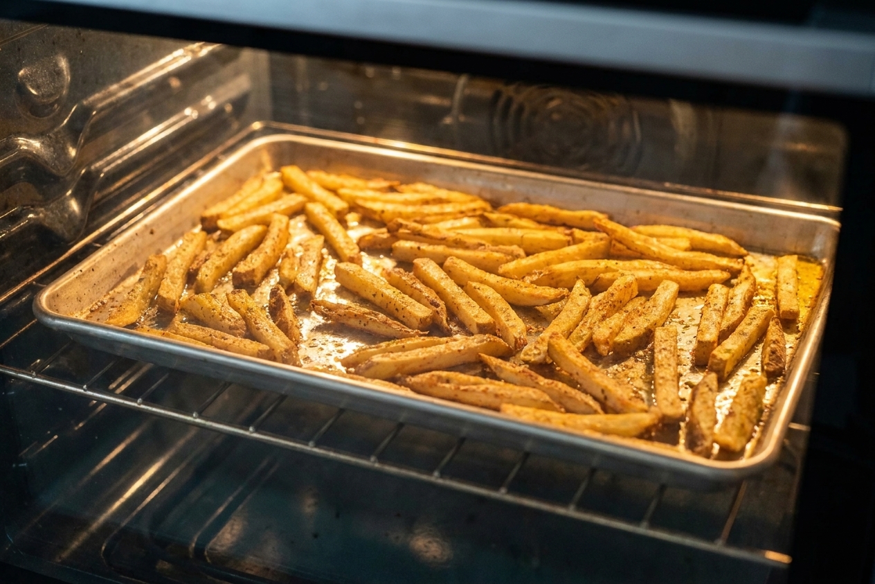 A sheet pan of fries turning golden and crisp in a home oven with warm kitchen lighting