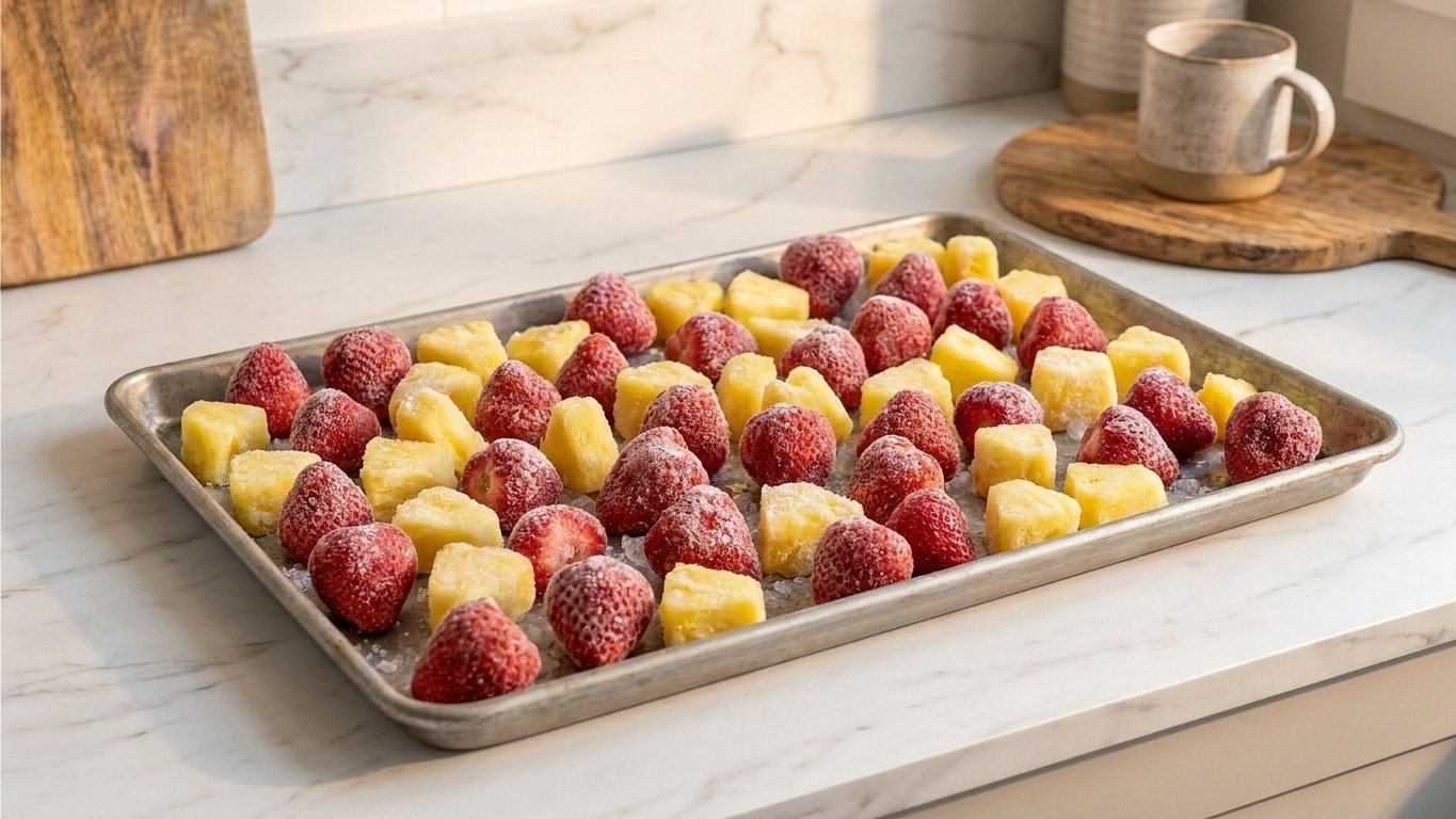 A sheet pan of frozen strawberries and pineapple chunks ready to be used to chill a punch