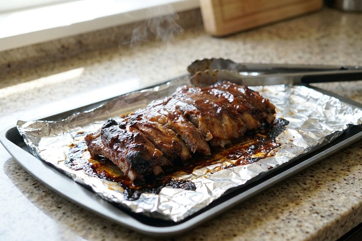 A sheet pan of glossy oven-braised beef back ribs fresh out of the oven, lightly charred at the edges with sauce brushed on, on a warm-toned kitchen counter