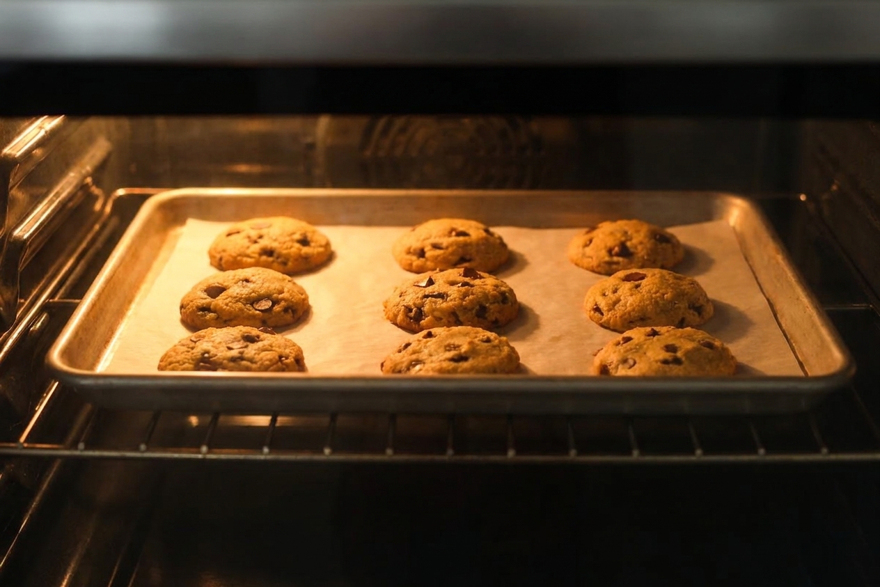 A sheet pan of gluten-free chocolate chip cookies baking in an oven with the oven light on