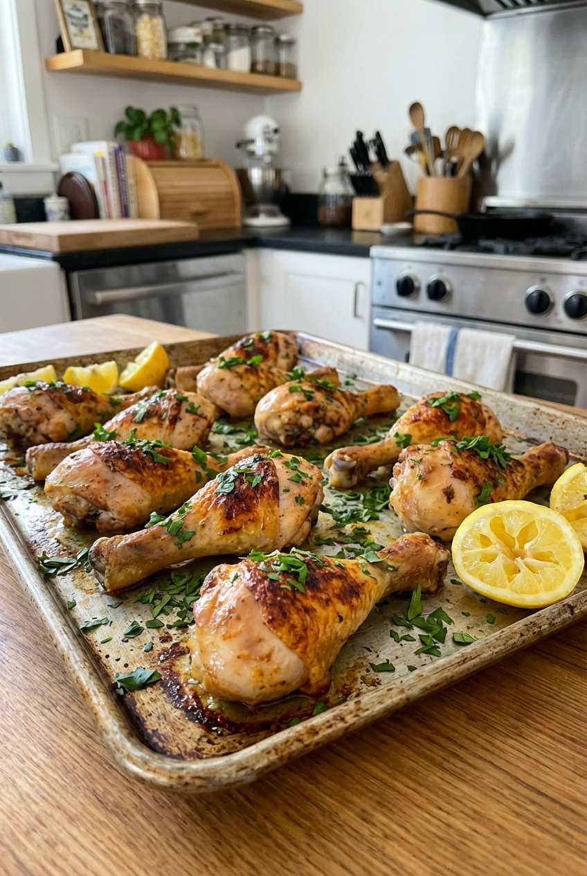A sheet pan of golden baked chicken drumsticks with crisp skin, scattered fresh parsley, and lemon wedges on the side