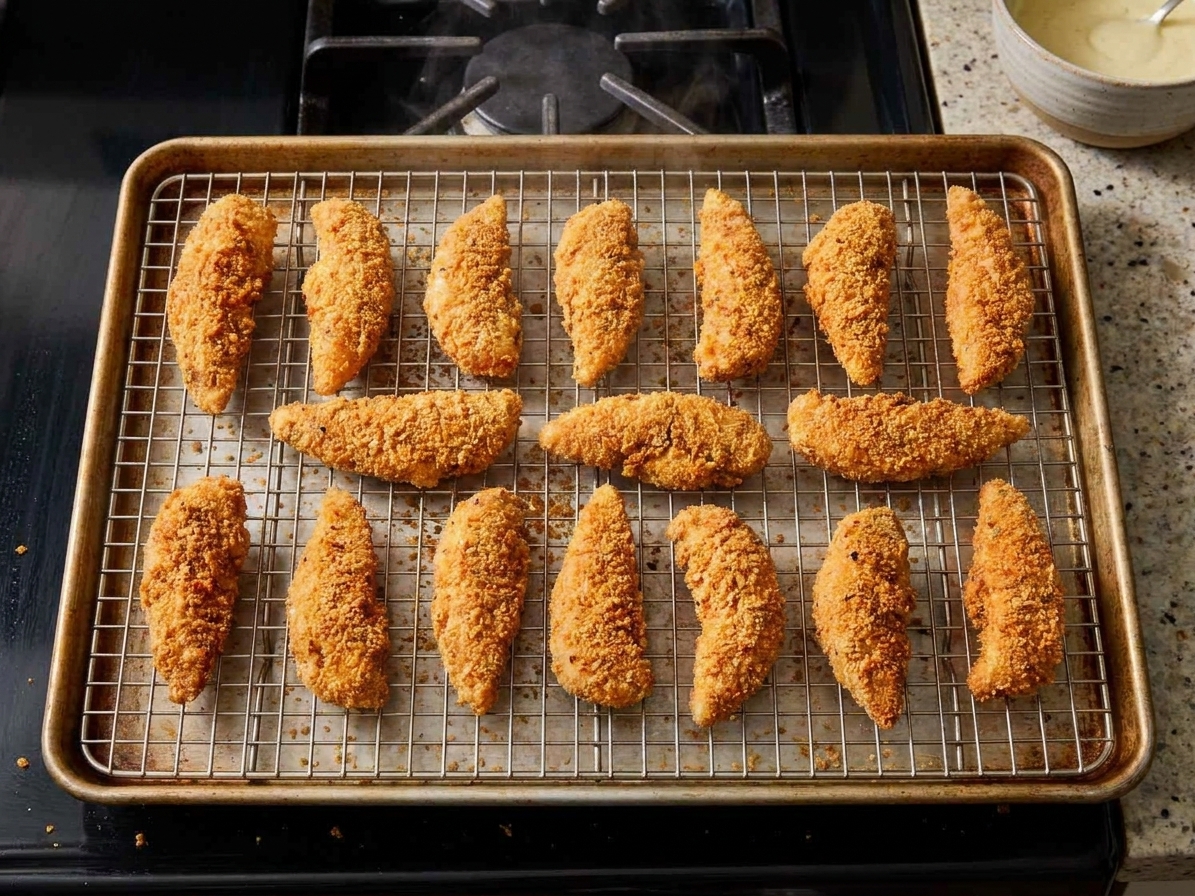 A sheet pan of golden baked chicken tenders fresh from the oven with crisp browned edges, sitting on a stovetop under warm kitchen lighting