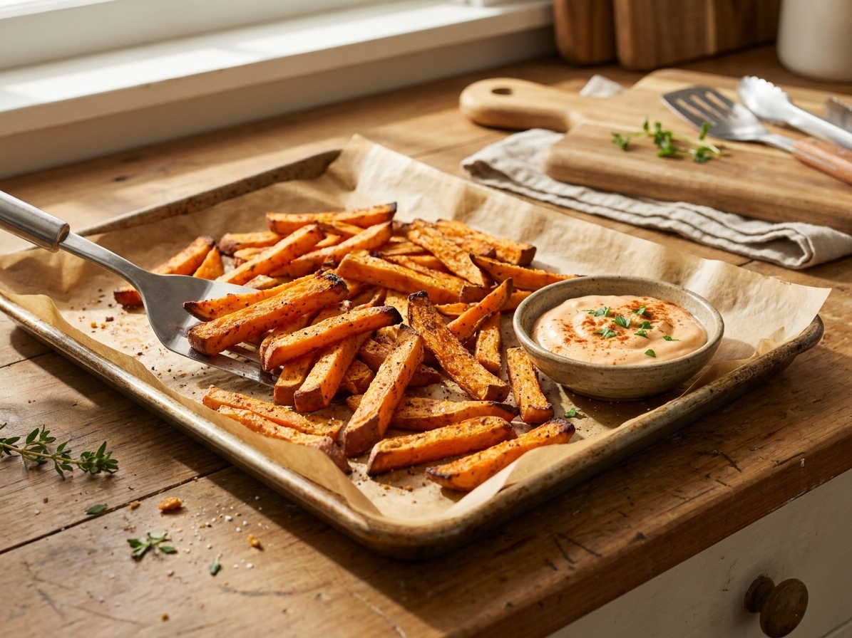 A sheet pan of golden baked kumara fries with crisp edges on parchment paper, with a small bowl of dipping sauce on a wooden kitchen counter in warm natural light