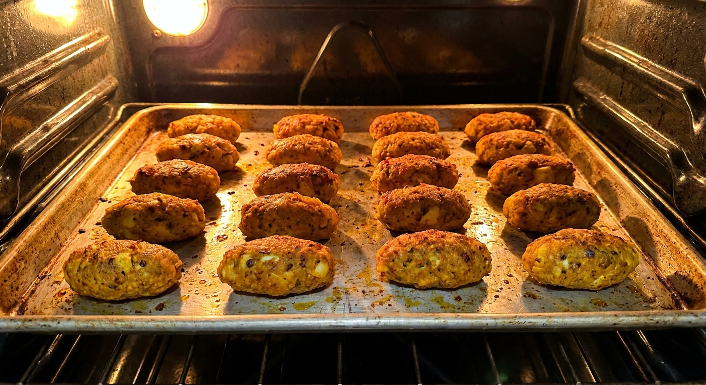 A sheet pan of golden baked paneer-potato kofta arranged in rows, lightly crisped on the outside, kitchen oven light glow