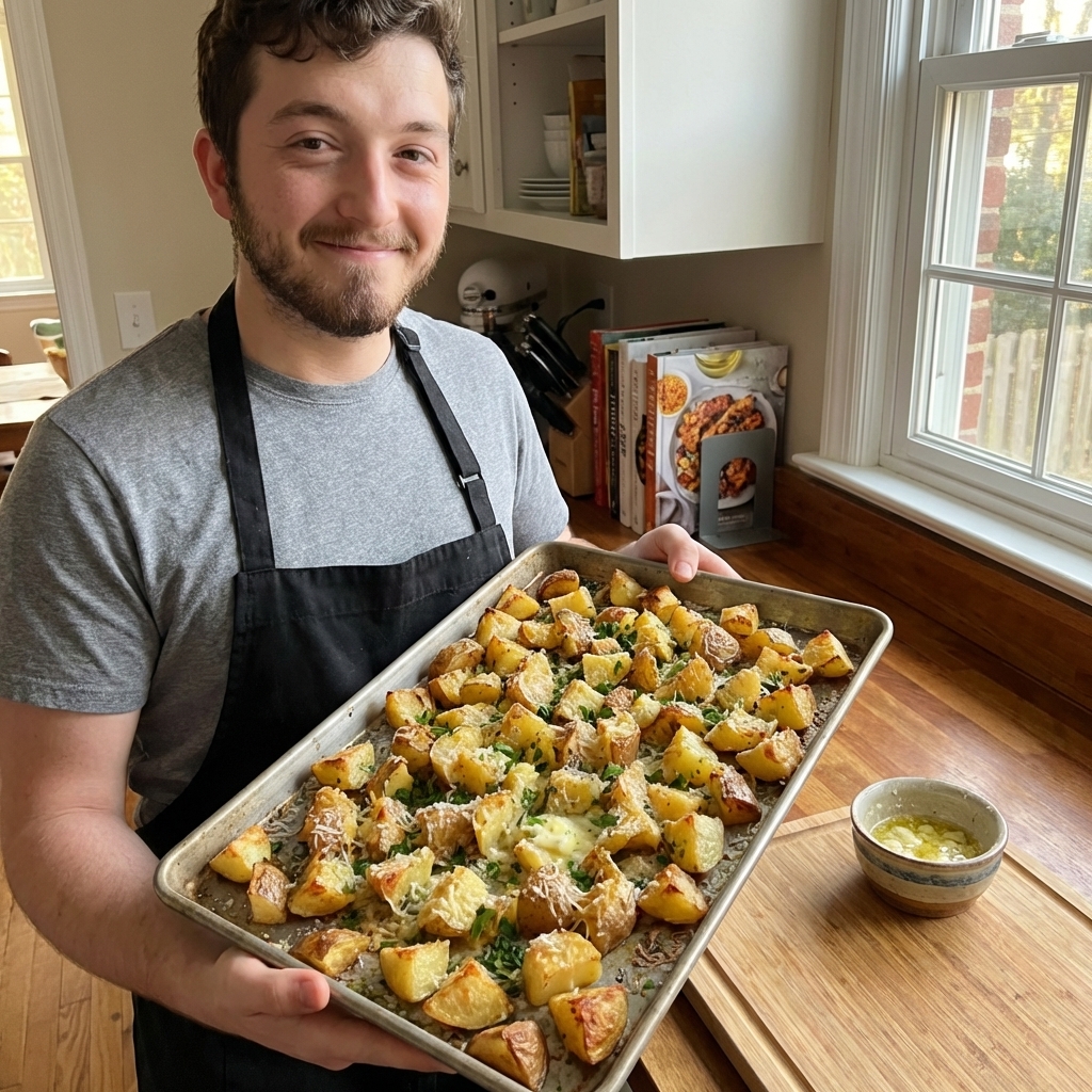 A sheet pan of golden roasted potato chunks with crisp edges, tossed with grated Parmesan and chopped parsley, with a small bowl of garlic butter in the background on a warm kitchen counter, natural window light, photorealistic food photography