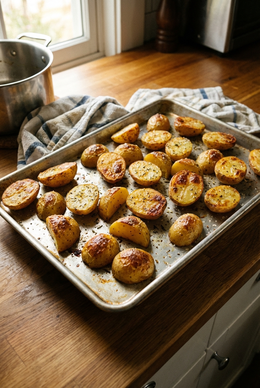 A sheet pan of golden roasted potatoes with crispy edges