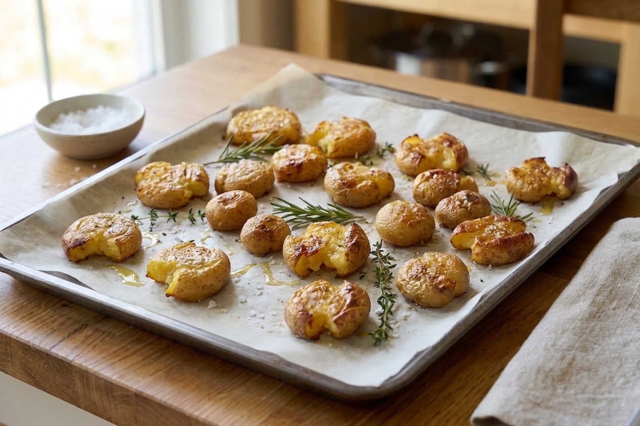 A sheet pan of golden smashed small potatoes with crisp edges, sprinkled with herbs and flaky salt, sitting on a warm kitchen counter in natural light