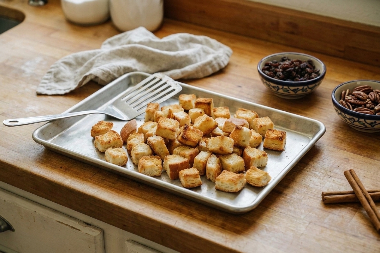 A sheet pan of golden toasted bread cubes coming out of the oven, with a spatula resting nearby on a kitchen counter