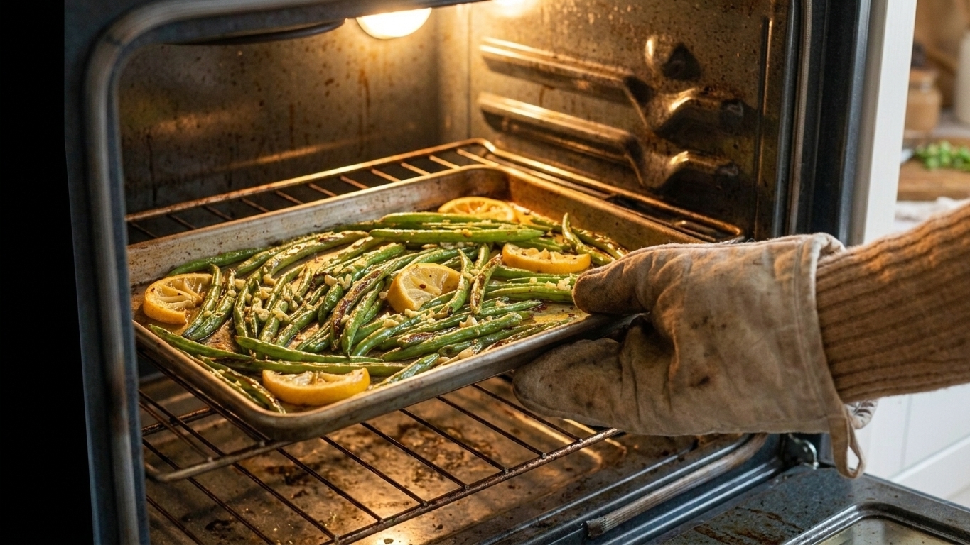 A sheet pan of green beans roasting on the middle rack of a home oven
