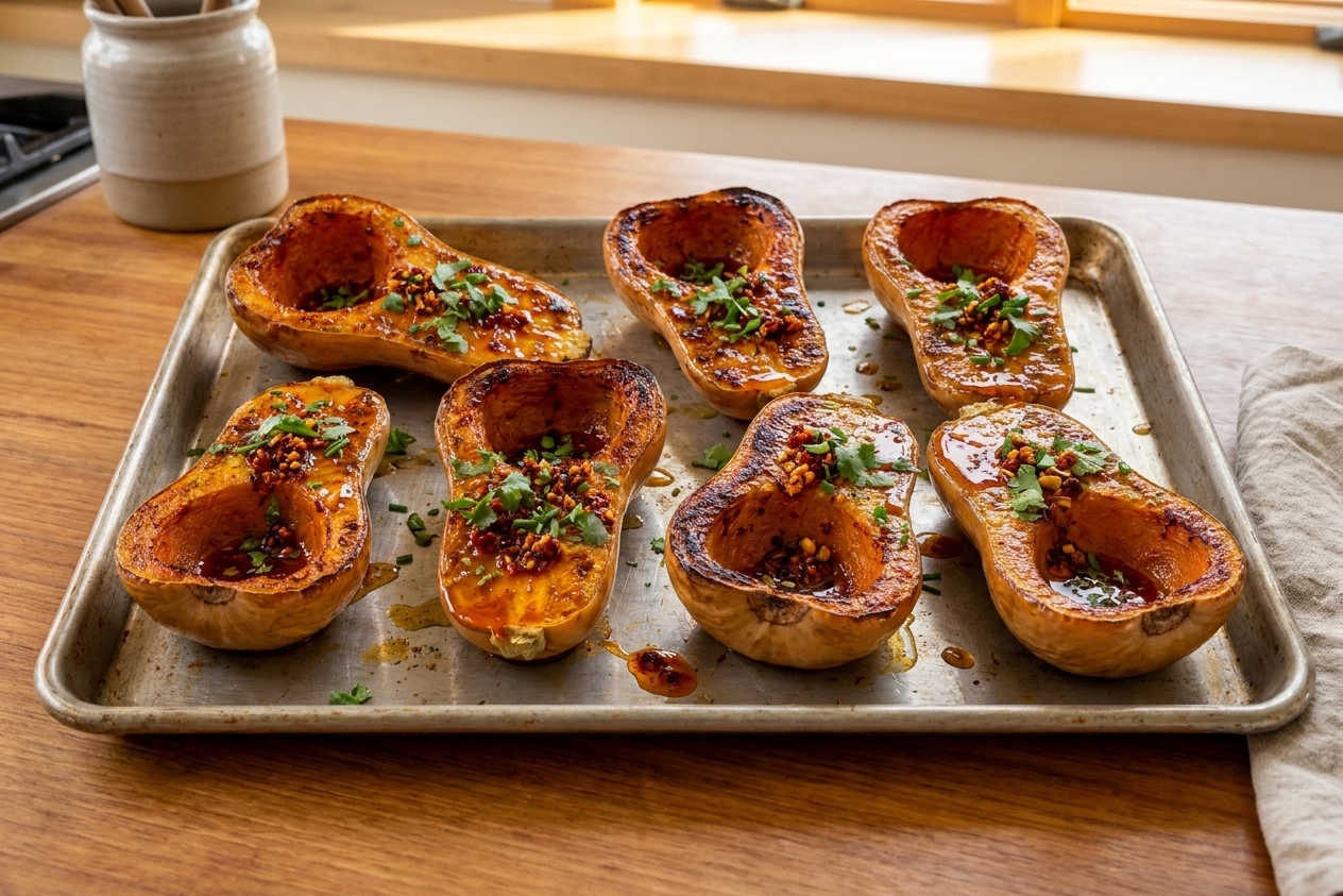 A sheet pan of halved honeynut squash roasted until deeply caramelized, finished with chili crisp and herbs, set on a warm-toned kitchen counter