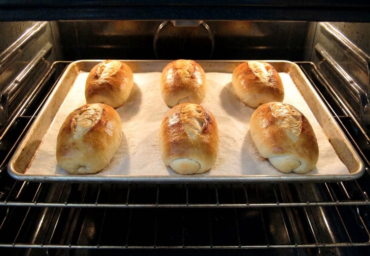 A sheet pan of hoagie rolls baking in an oven, tops turning golden under oven light