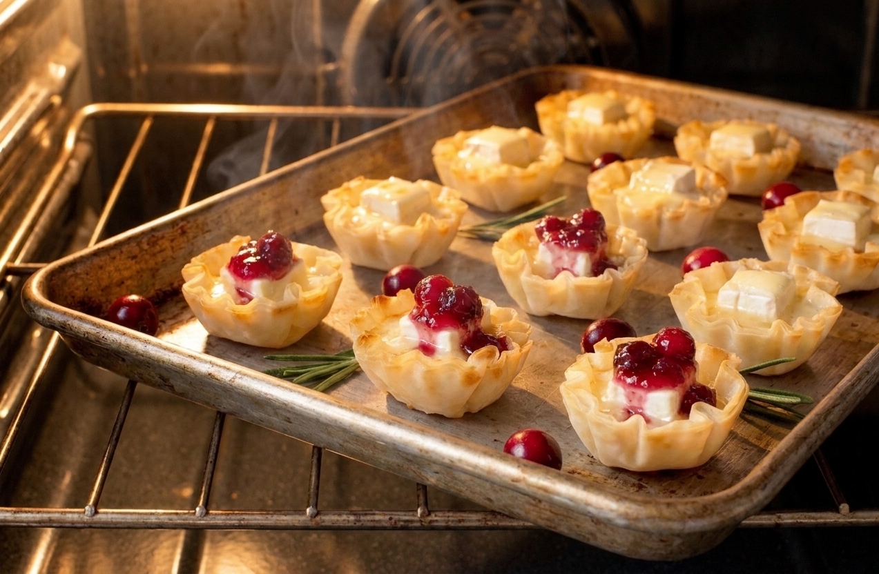 A sheet pan of leftover cranberry brie mini phyllo cups warming in an oven, with the brie just starting to melt again