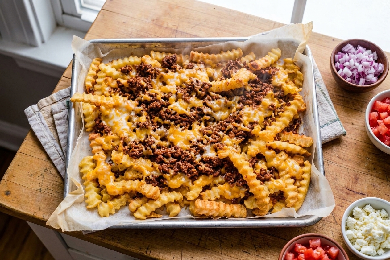 A sheet pan of loaded fries fresh from the oven with melted cheese and taco beef, ready for toppings