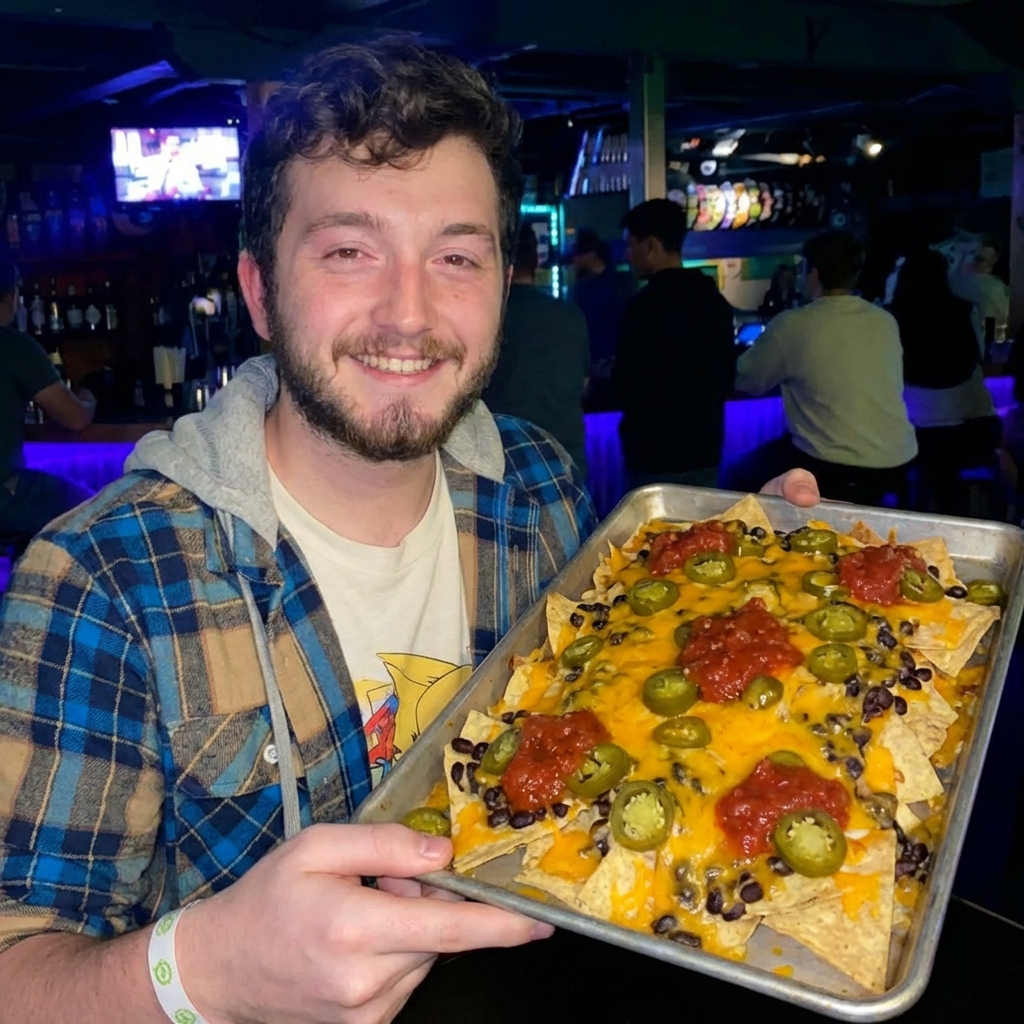 A sheet pan of loaded nachos with cheese, beans, jalapeños, and salsa