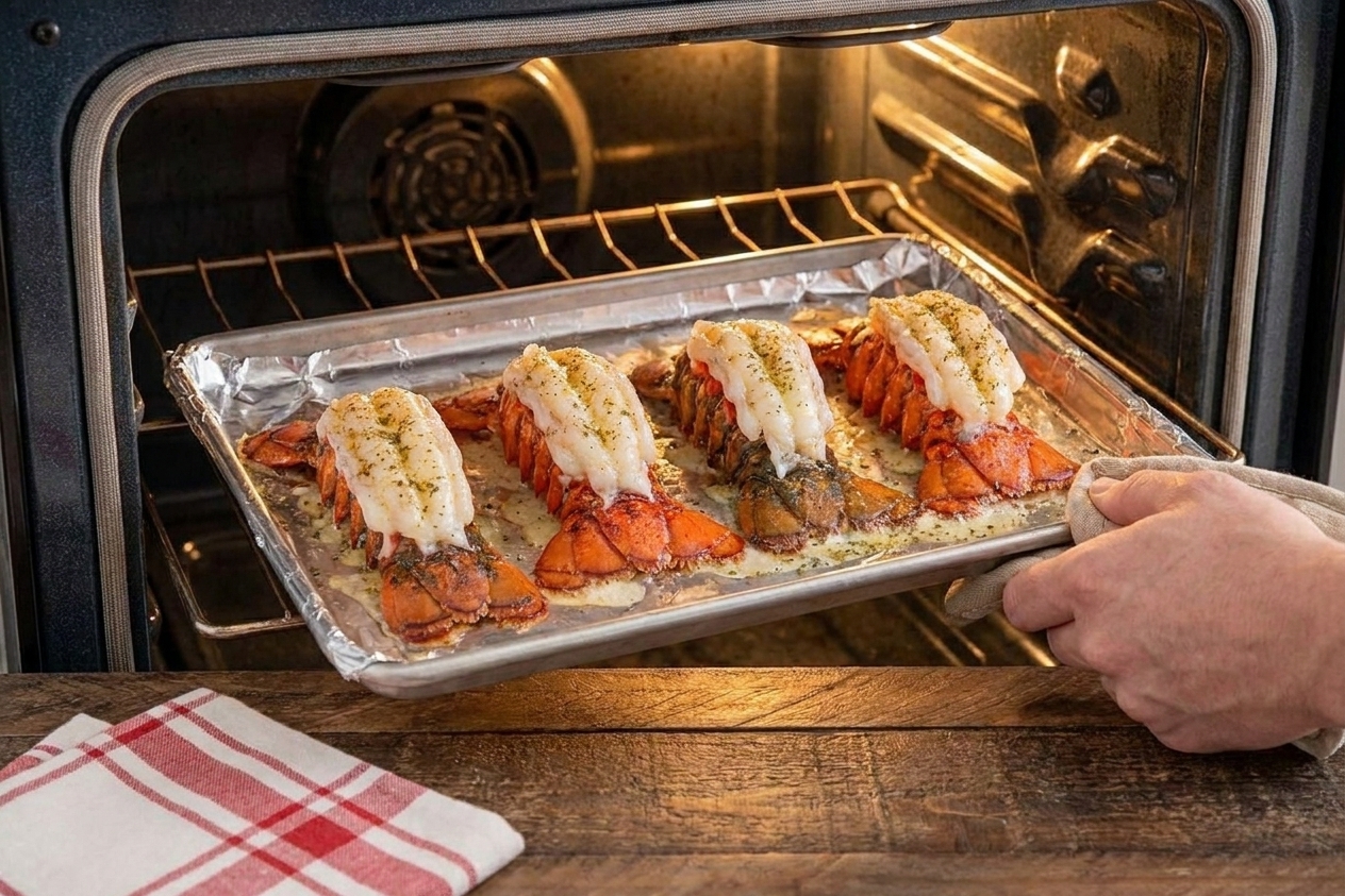A sheet pan of lobster tails baking on the middle oven rack, seen through an open oven door