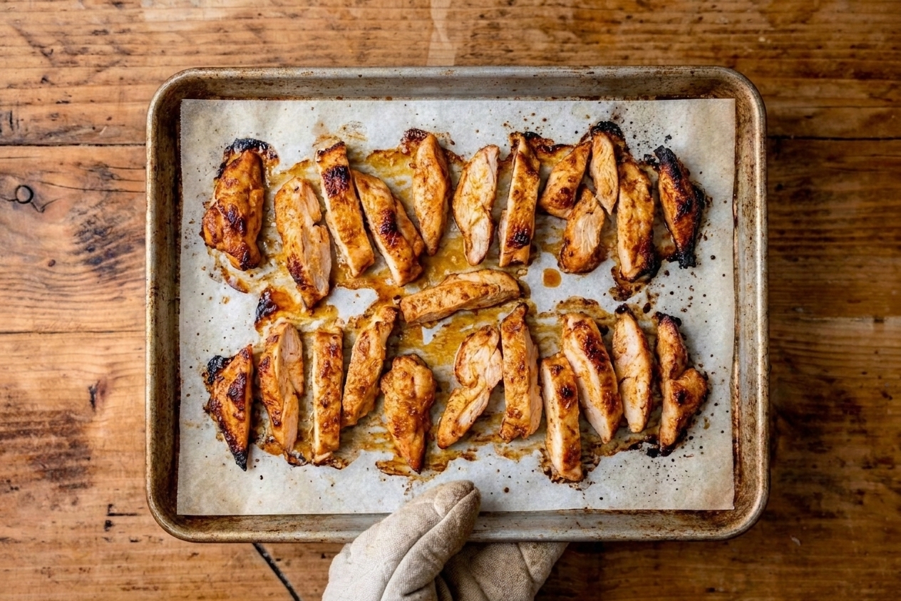 A sheet pan of marinated chicken strips roasting until browned at the edges