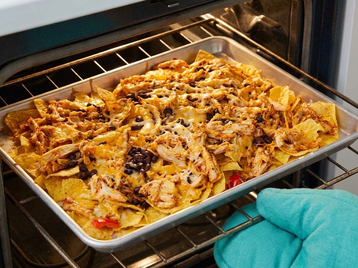 A sheet pan of nachos in an oven with cheese melting and bubbling on top