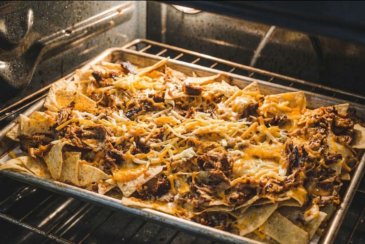 A sheet pan of nachos midway through baking in an oven, with cheese partially melted over chips and pulled pork, warm kitchen lighting