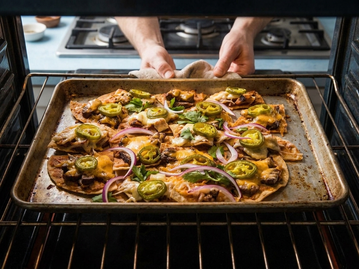 A sheet pan of nachos with melted cheese bubbling and lightly browned edges on an oven rack