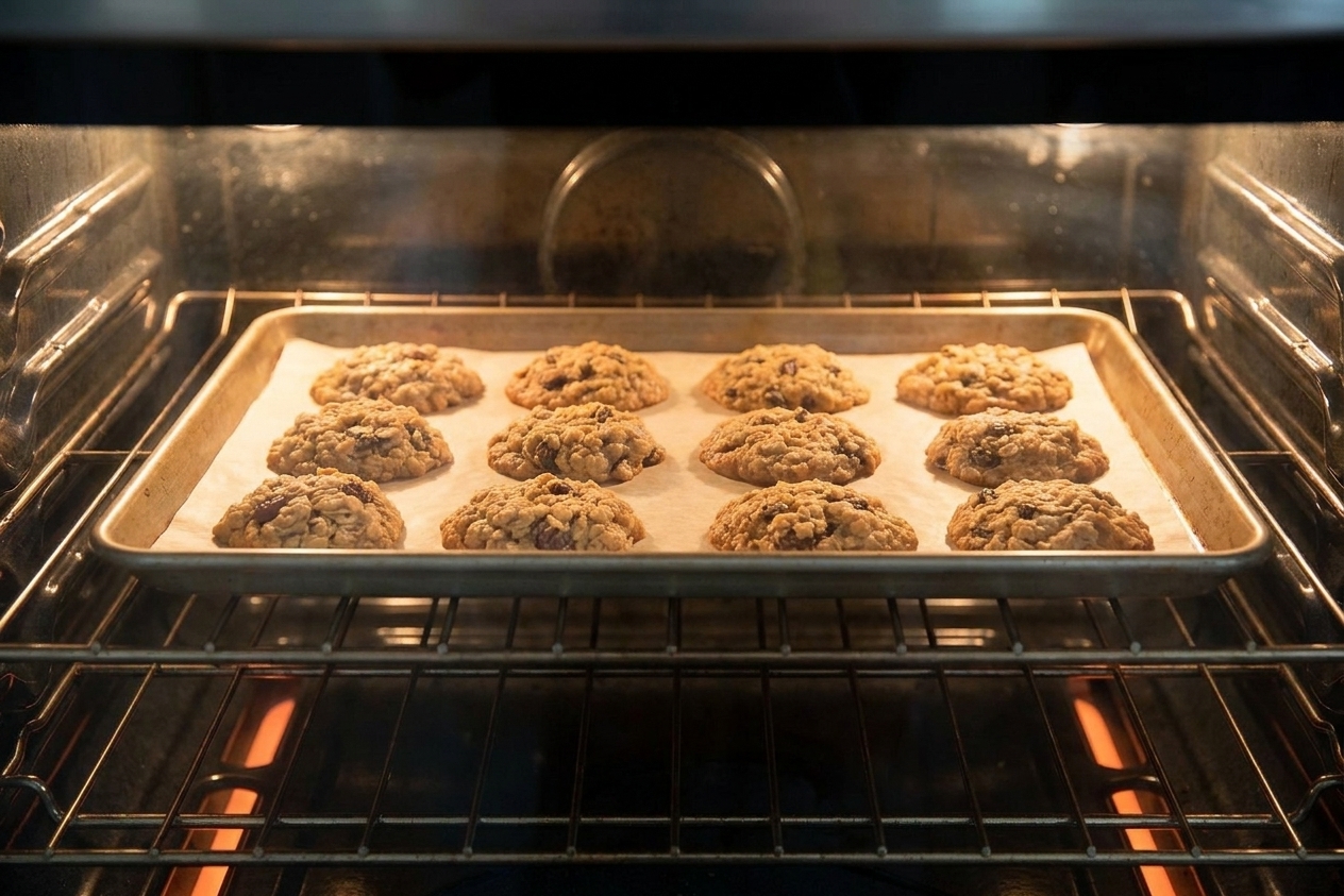 A sheet pan of oatmeal cookies baking on an oven rack with cookies spreading and turning lightly golden at the edges