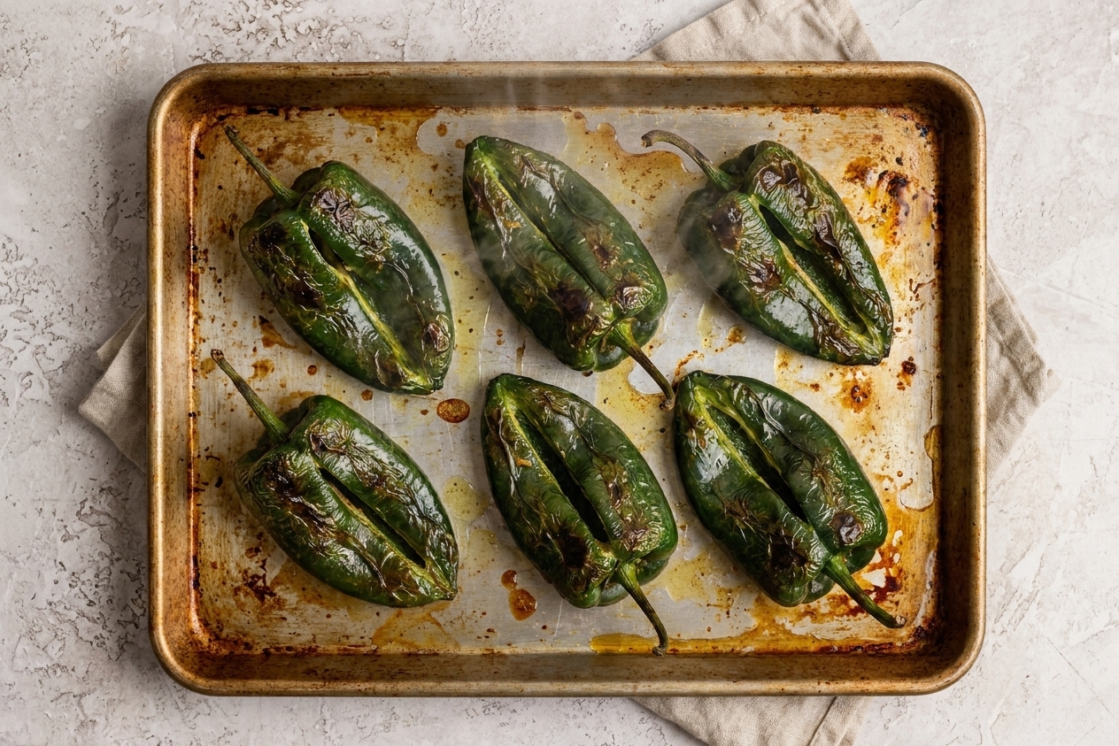 A sheet pan of oiled poblano peppers roasting with skins beginning to blister