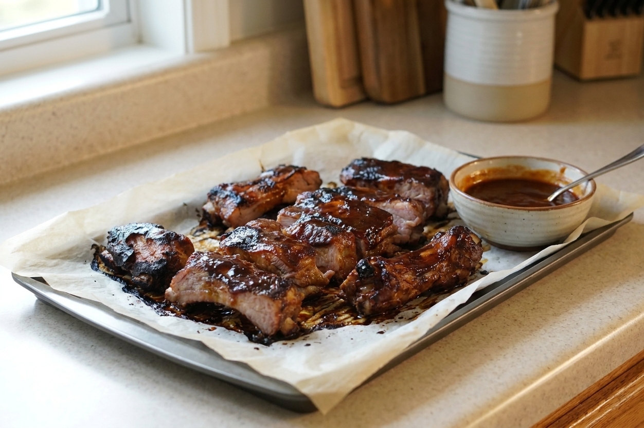 A sheet pan of oven-baked country style pork ribs glazed with barbecue sauce, caramelized at the edges, resting on parchment with a small bowl of extra sauce on a warm kitchen counter