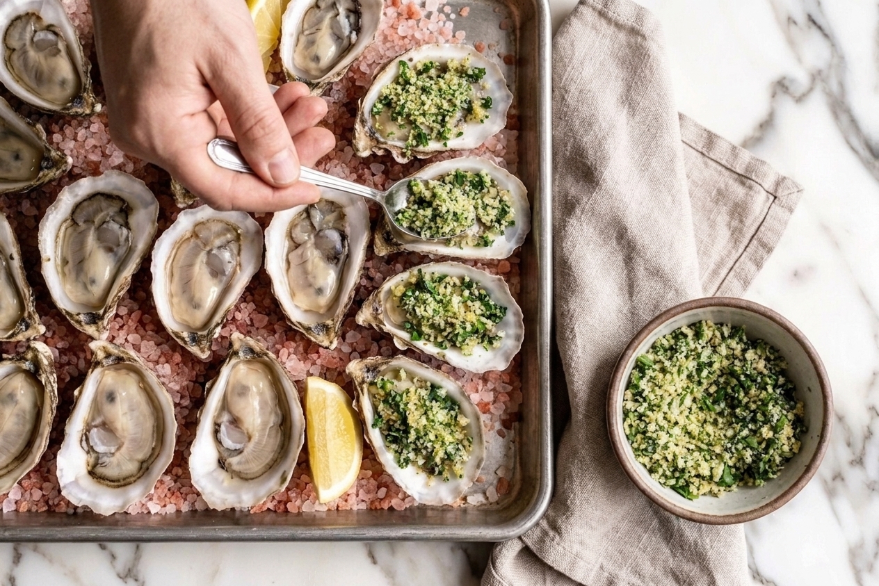 A sheet pan of oysters on the half shell being topped with a green spinach herb breadcrumb mixture using a small spoon