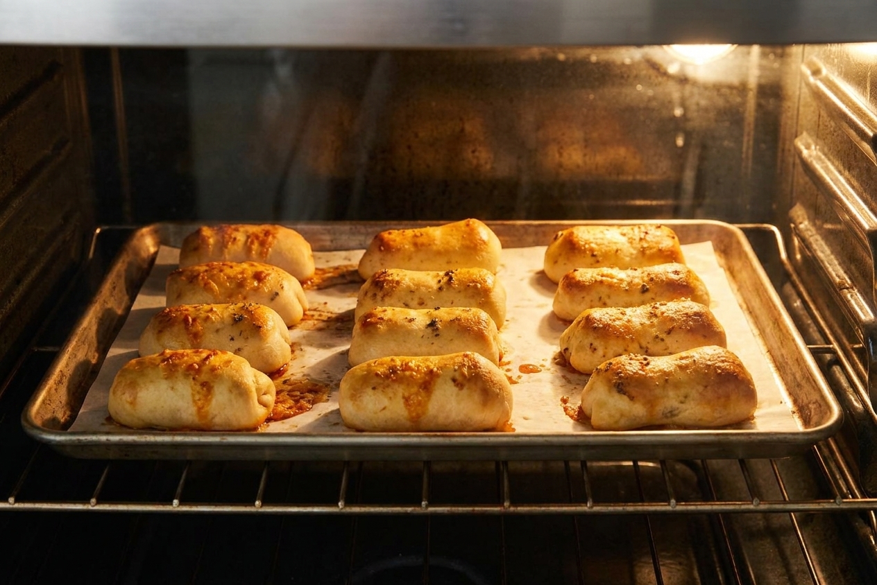 A sheet pan of pepperoni rolls baking on an oven rack, puffed and turning golden under the oven light