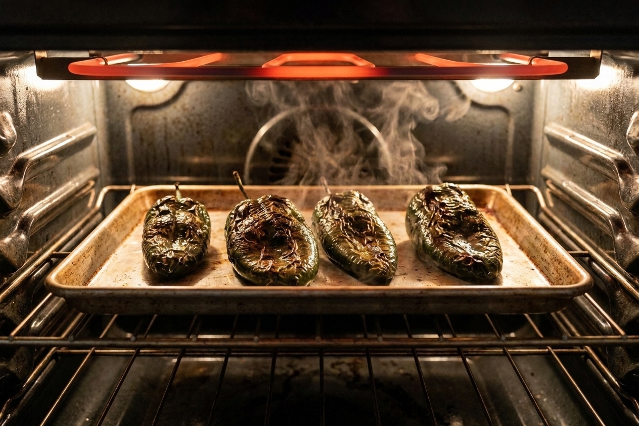 A sheet pan of poblano peppers under a broiler with their skins blistered and charred, viewed from an oven door angle