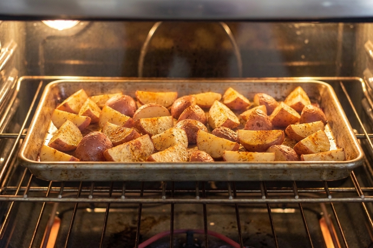 A sheet pan of potatoes roasting on the middle rack of a home oven with potatoes turning golden