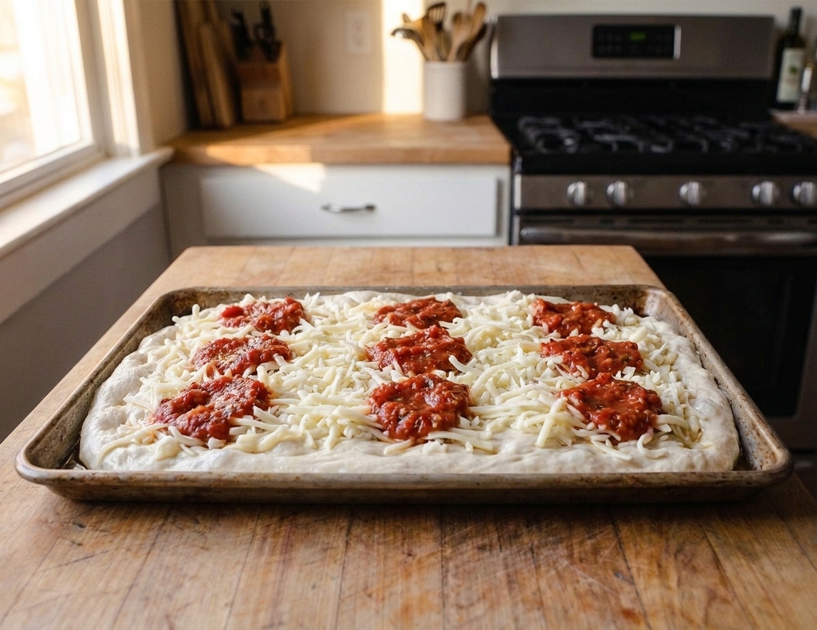 A sheet pan of risen dough topped with shredded mozzarella and spoonfuls of tomato sauce, ready to bake
