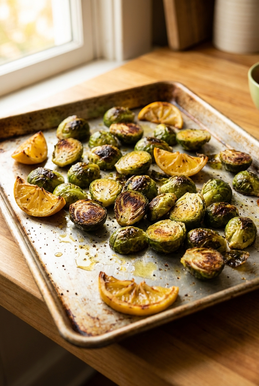 A sheet pan of roasted Brussels sprouts with browned edges and lemon wedges