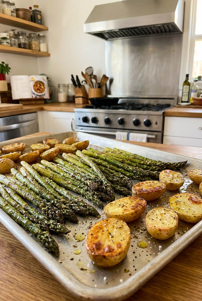 A sheet pan of roasted asparagus and baby potatoes with browned edges