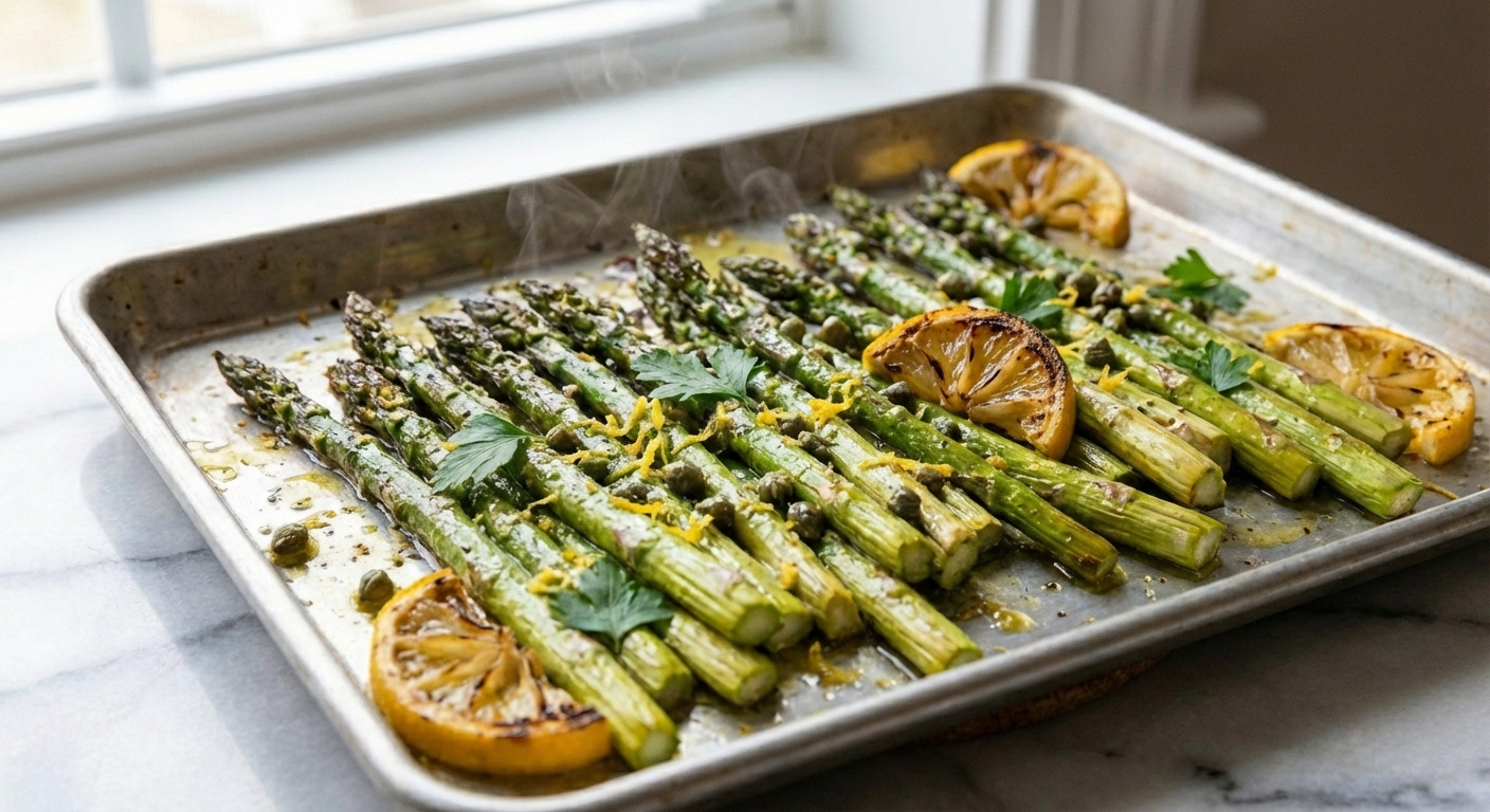 A sheet pan of roasted asparagus with browned tips and lemon wedges