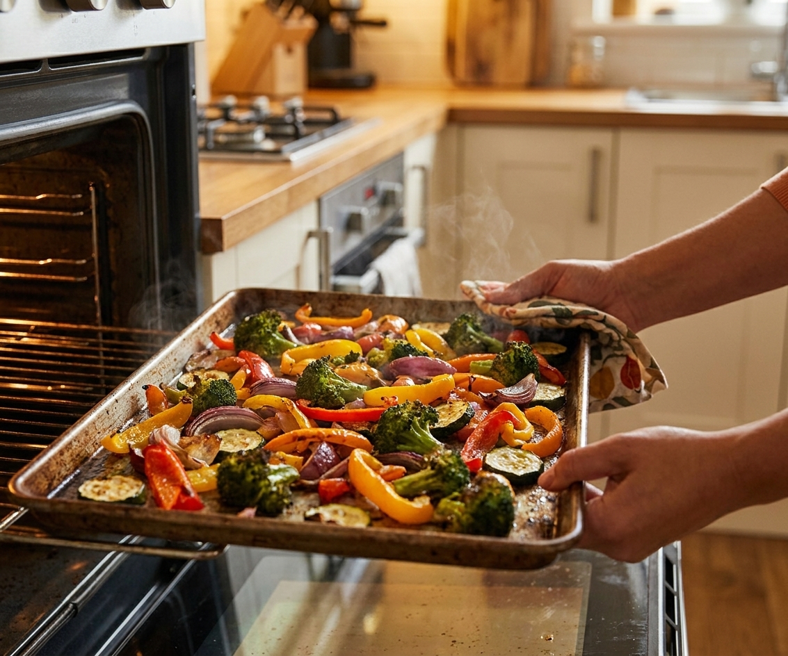 A sheet pan of roasted broccoli, bell peppers, onions, and zucchini coming out of the oven with browned edges in a home kitchen