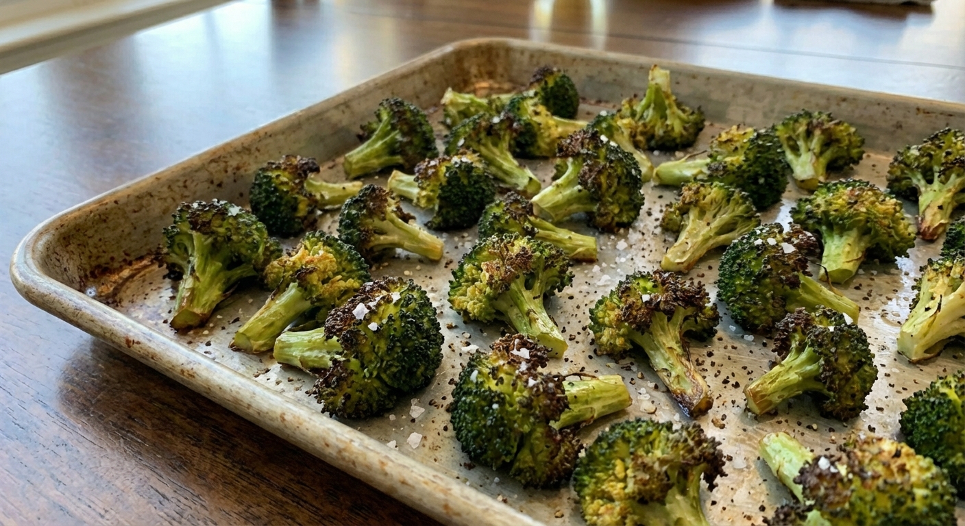 A sheet pan of roasted broccoli florets with browned edges and a sprinkle of salt