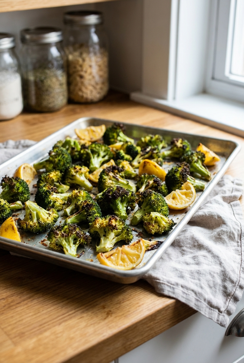 A sheet pan of roasted broccoli with browned edges and lemon wedges