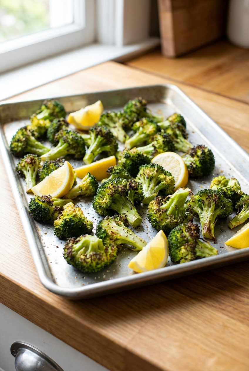 A sheet pan of roasted broccoli with browned edges and lemon wedges