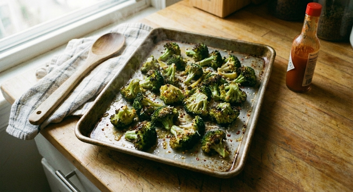 A sheet pan of roasted broccoli with browned edges