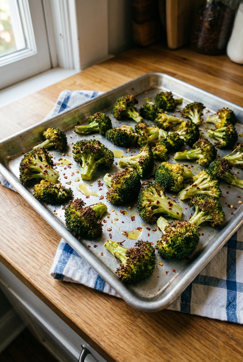 A sheet pan of roasted broccoli with browned edges and red pepper flakes